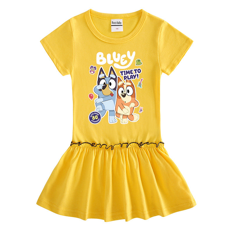 Children's Clothing Cartoon Half Sleeve Contrast Color Fashionable Pleated Children's Dress