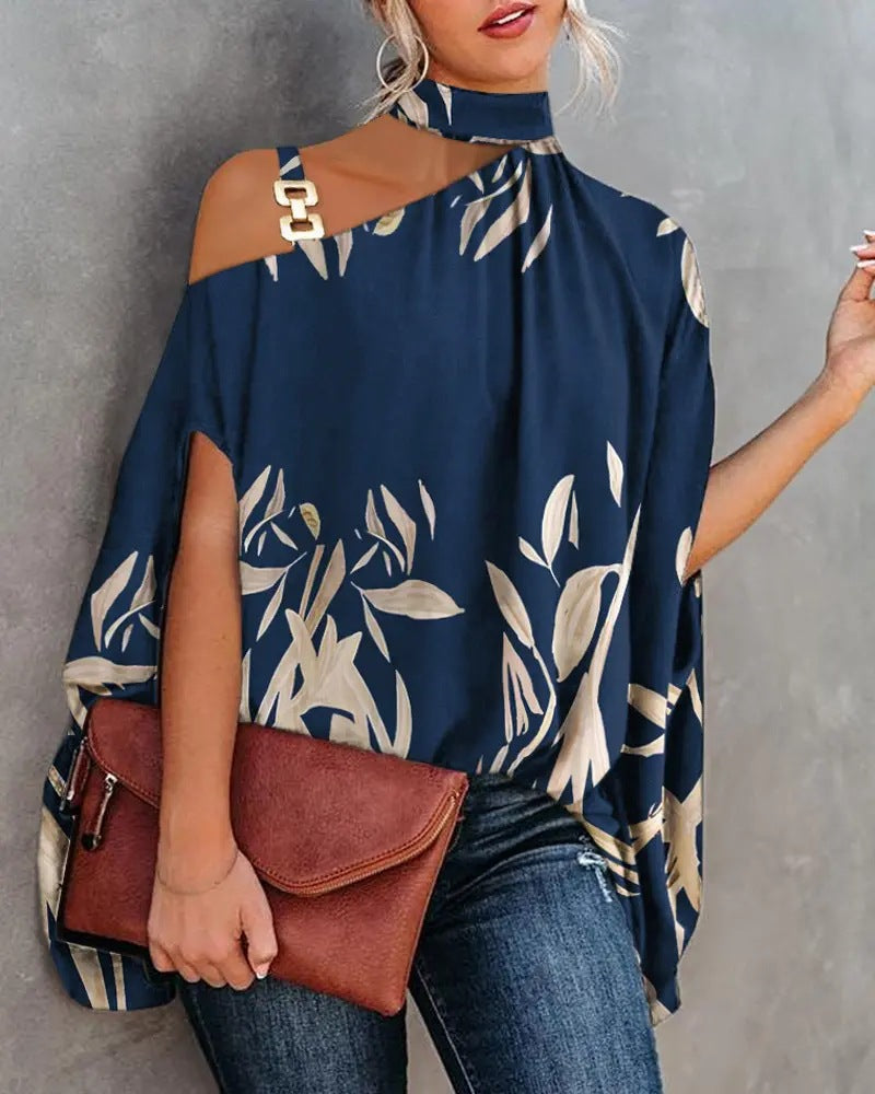 Women's Short-sleeved Summer Bat Print Halter Lace Shirt, Chiffon Shirt