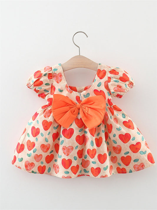 Children's Summer Heart Printing Back Big Bow Puff Sleeve Fashionable Children's Dress