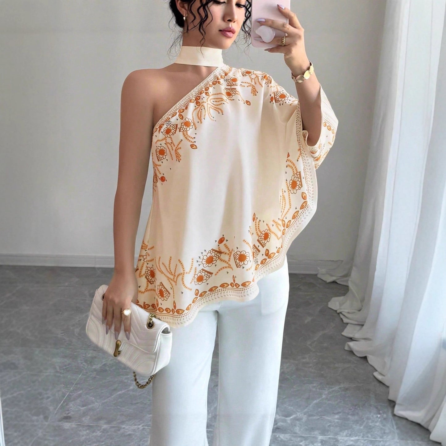Women's Retro Style Shoulder Halter Tie Bow Fashion Loose Women's T-shirt