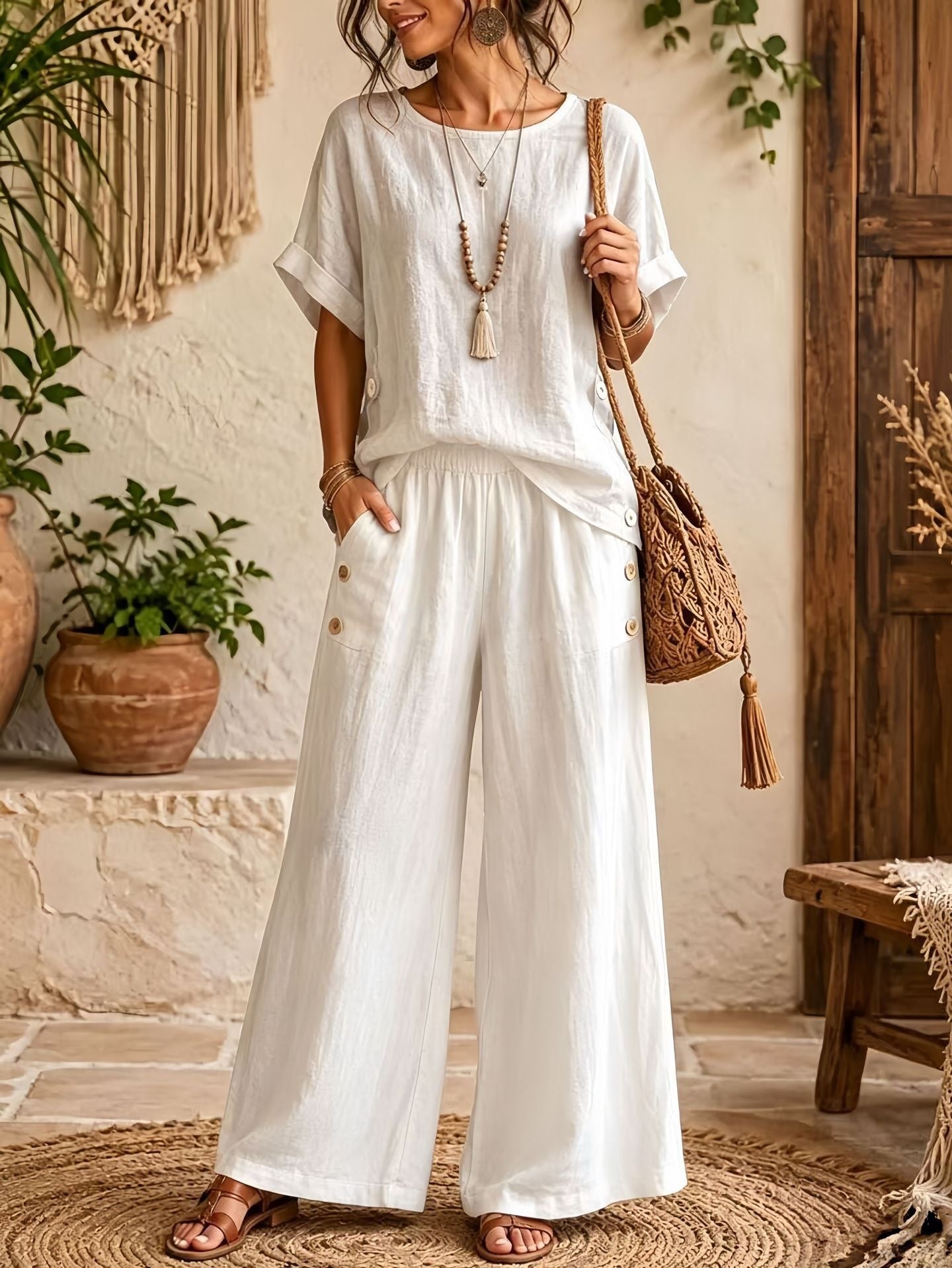 Women's Linen Round Neck Sleeve High Waist Loose Wide Leg Fashion Casual Suit