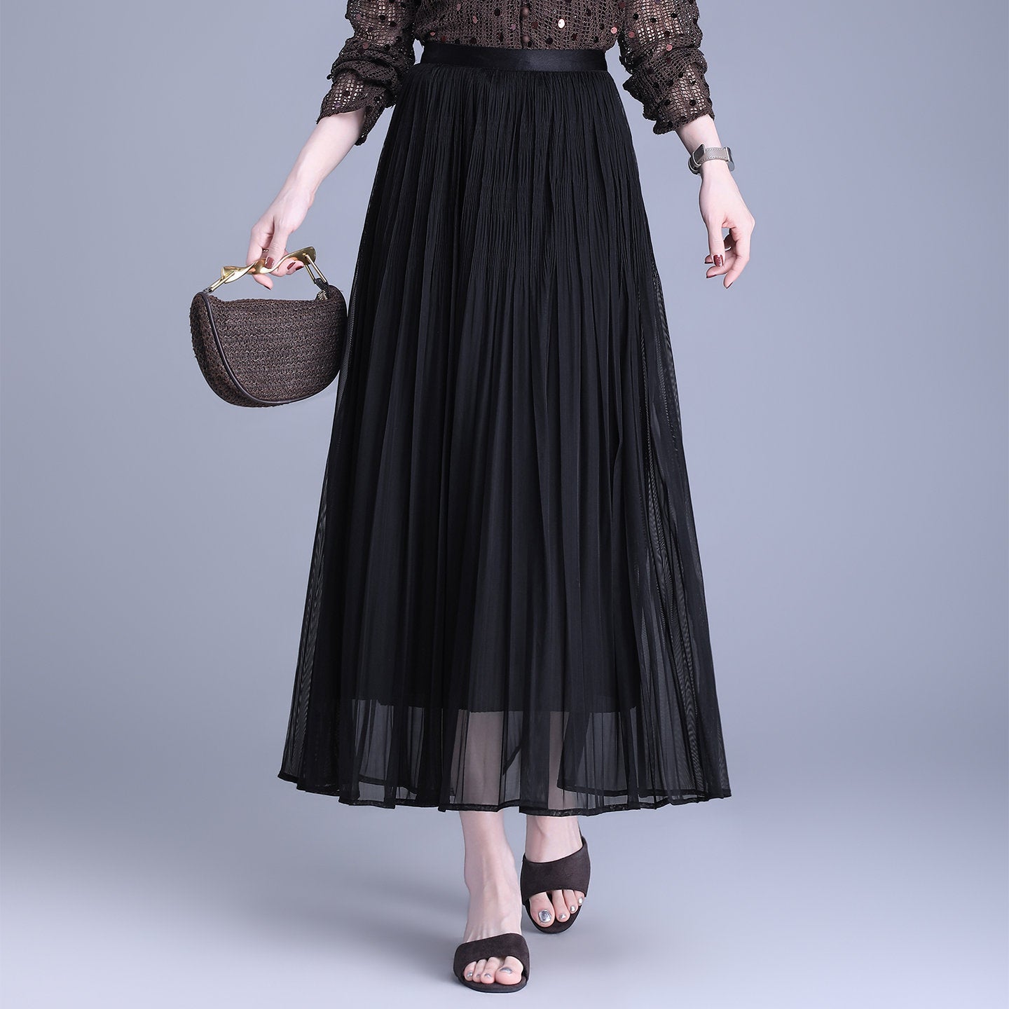 Effect Pleated Fashion A- Line Dress Elastic Skirt