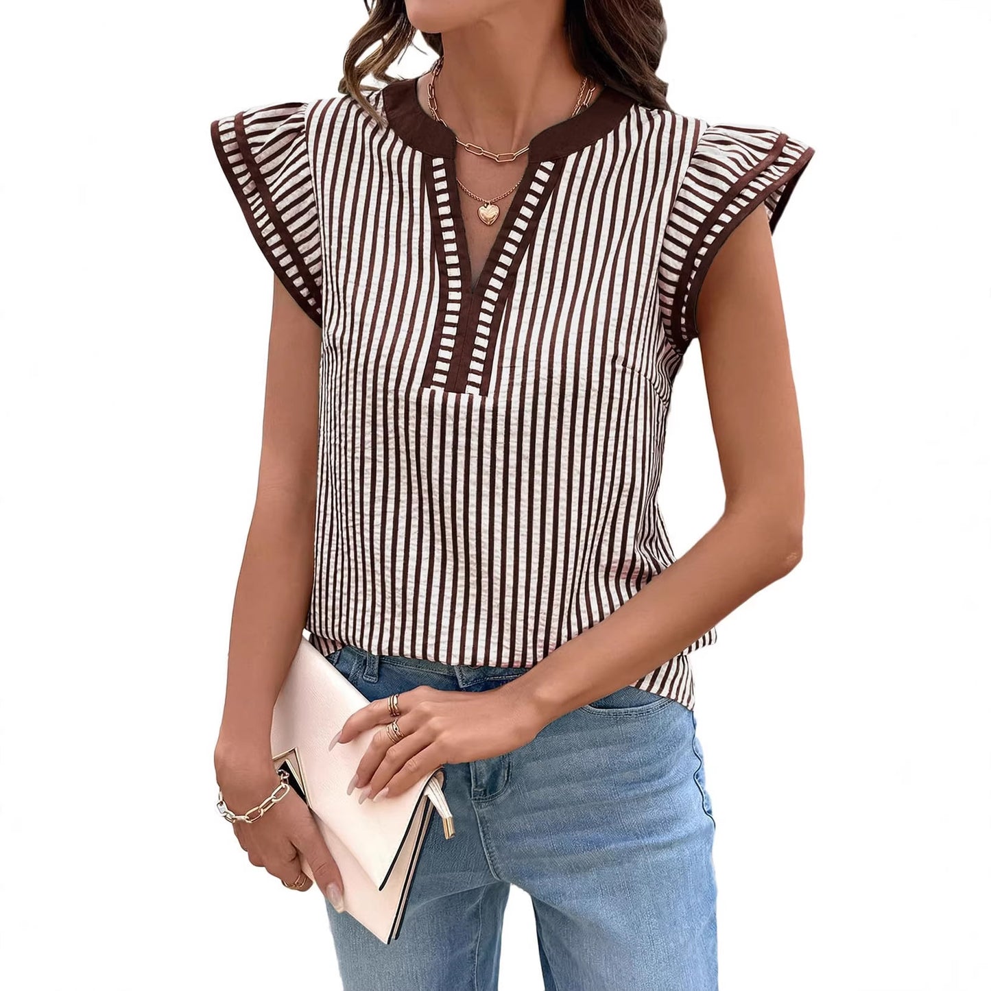 Women's Fashion Striped Double Fly Flounced Sleeve Lace Shirt, Chiffon Shirt
