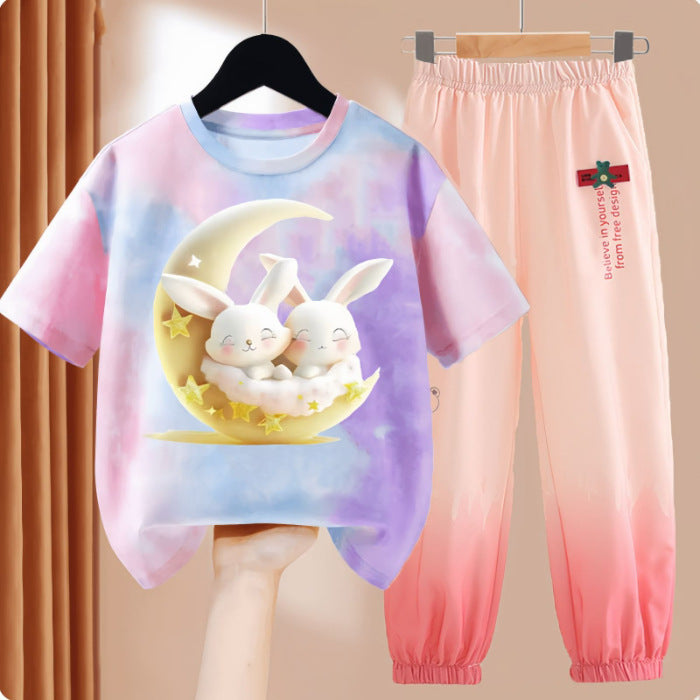 Clothes T-shirt Medium Large Short Sleeved Ice Silk Trousers Two-piece Children's Suit