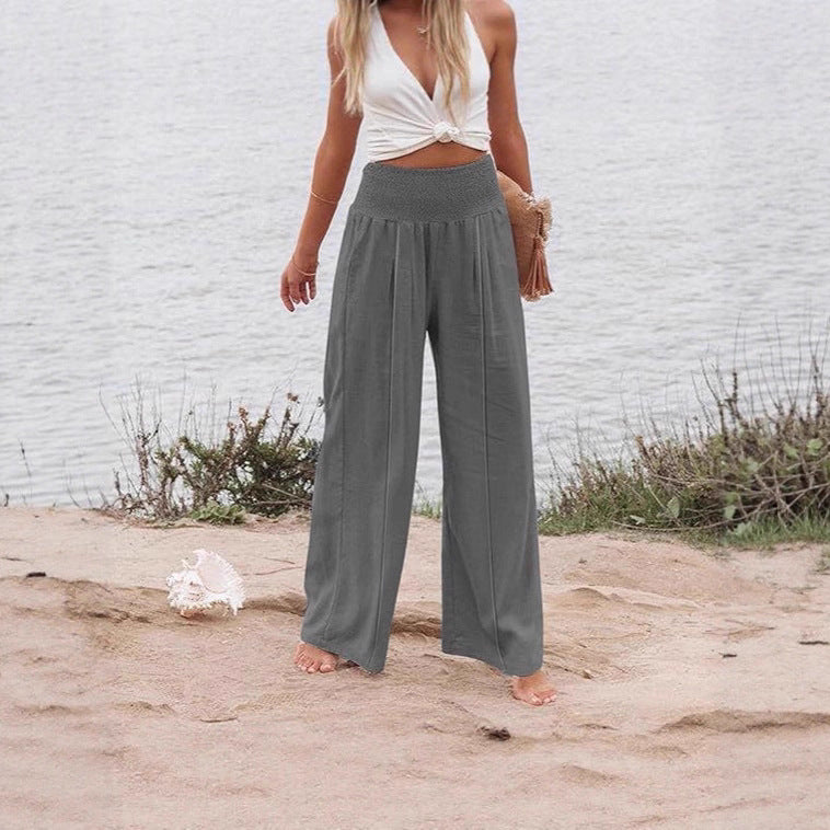 Women's Solid Color Elastic Waist Wide Leg Trousers Casual Pants