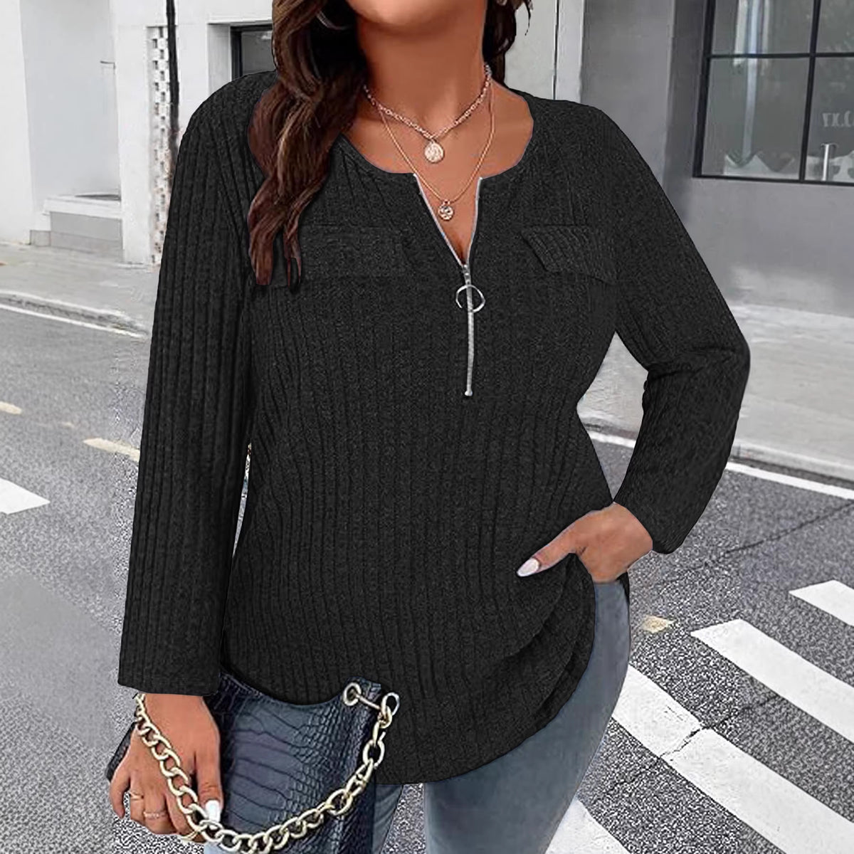Cool Women's Casual Long Sleeve Zipper Large Size T-shirt
