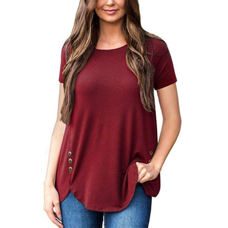 Women's Summer Sleeve Button Round Neck Women's T-shirt