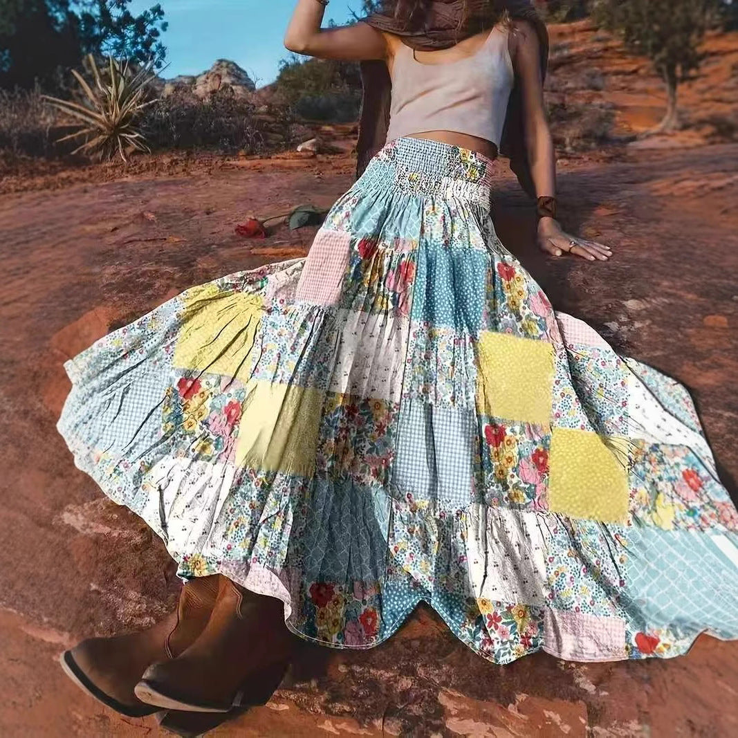 Women's Printed Stitching Popular Floral Long Skirt