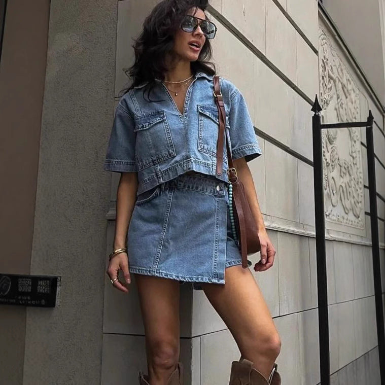 Double Breasted Pullover Denim Shirt High Shorts