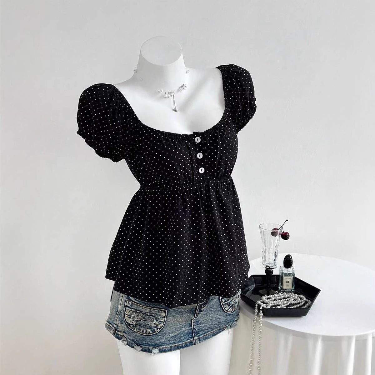 Women's Polka Dot Puff Sleeve French Cinched Lace Shirt, Chiffon Shirt