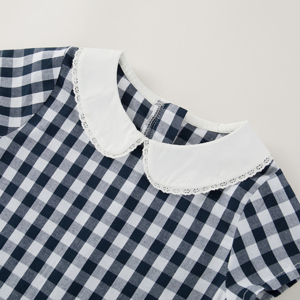 Navy Grid Summer Korean Style Ruffled Short Sleeves Children's Dress