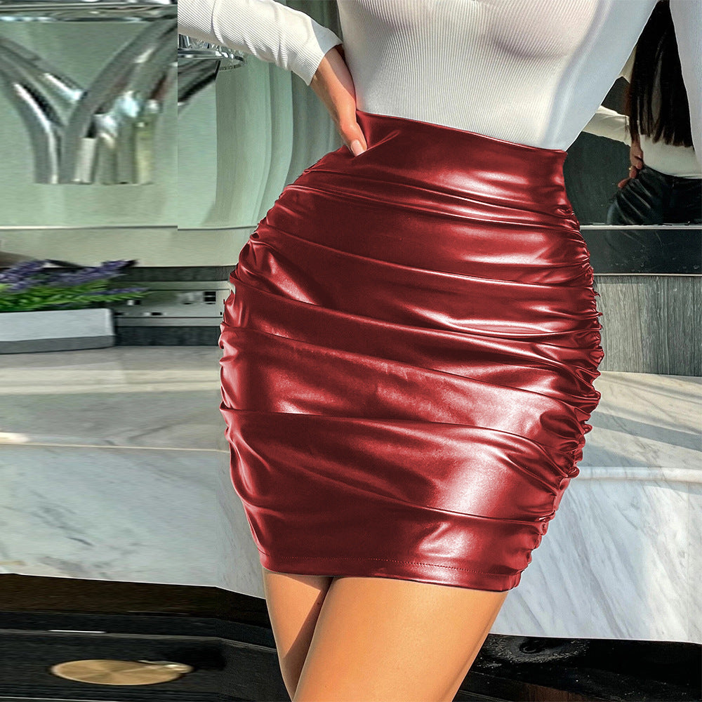 Women's Leather Pleated Zipper High Waist Hip Skirts