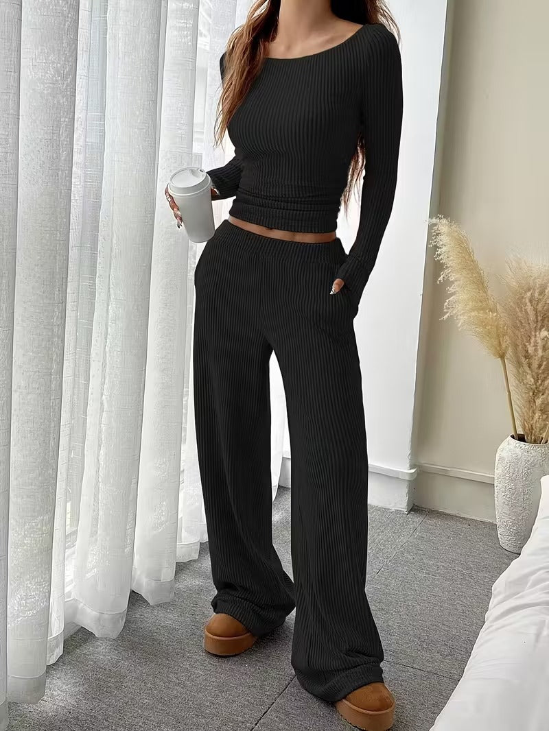 Women's Solid Color Elegant Two-piece Round Neck Pants