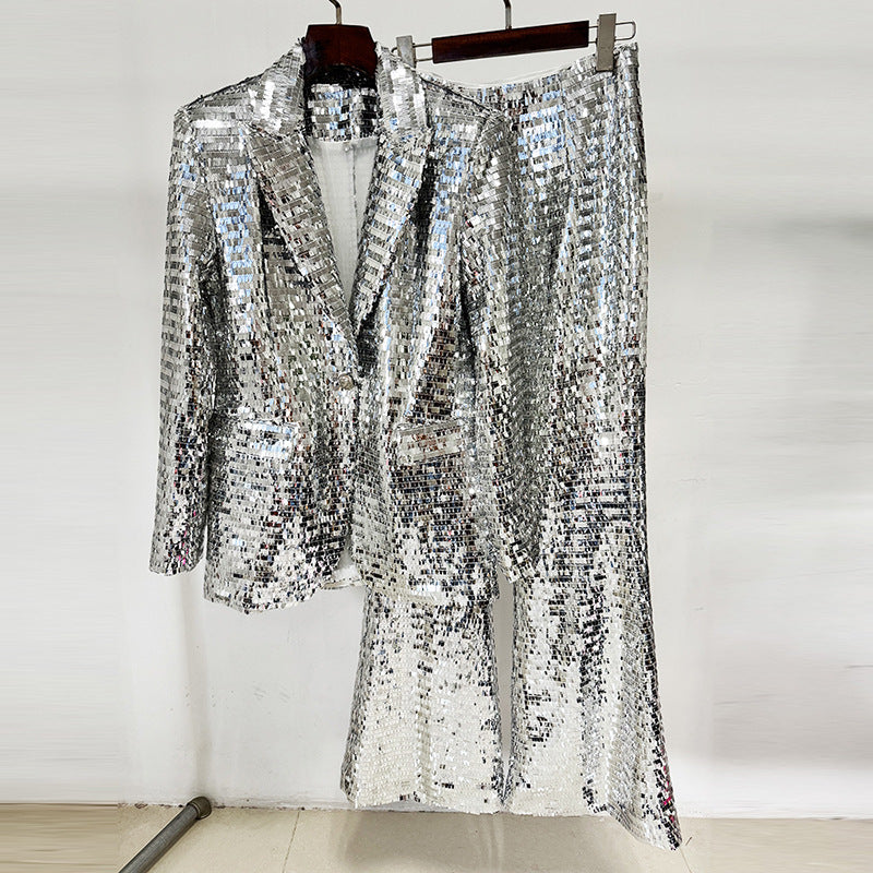 One Button Mesh Sequins Two-piece Set Fashion Casual Suit