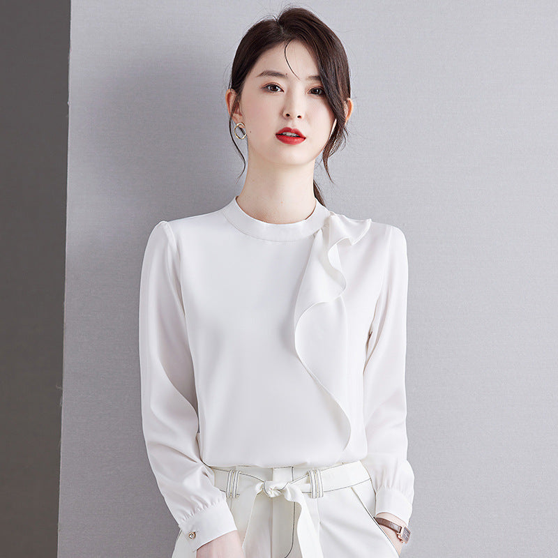 Women's Chic Ruffled Satin Shirt French Style Business Commuter Tops