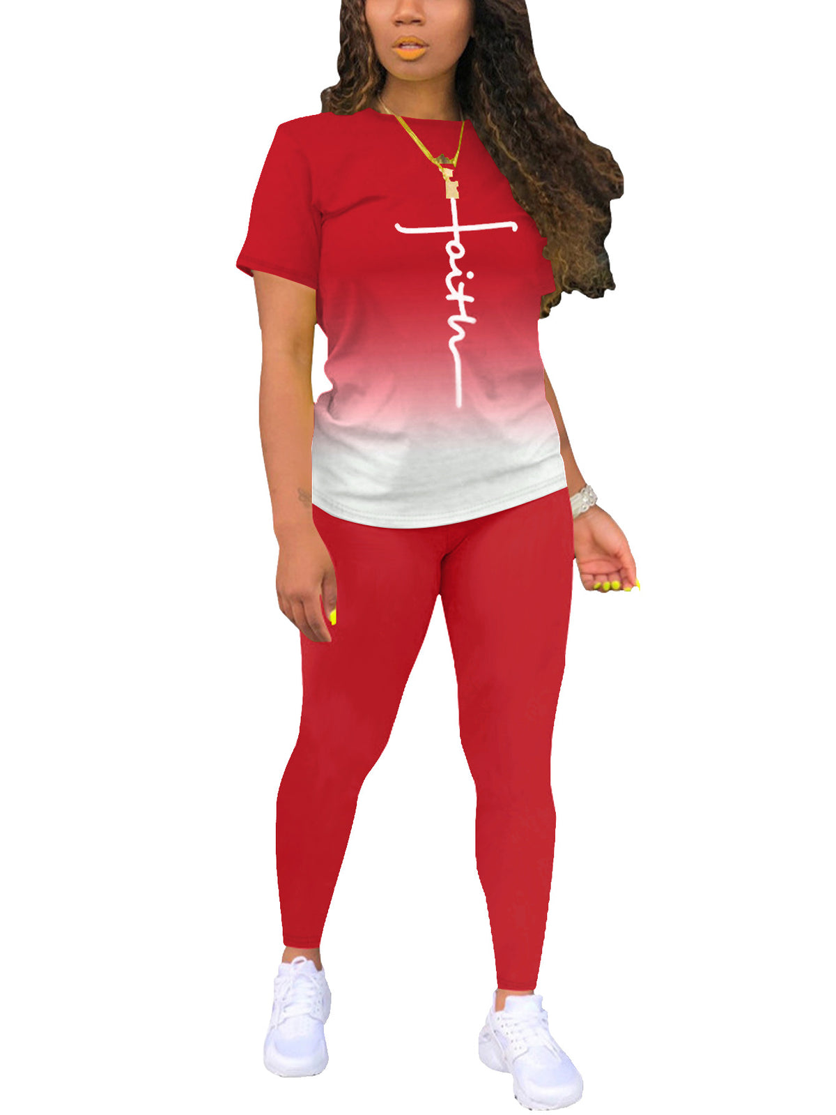 Women's Solid Color Gradient Printing Round Neck Sleeve T-shirt Fashion Casual Suit