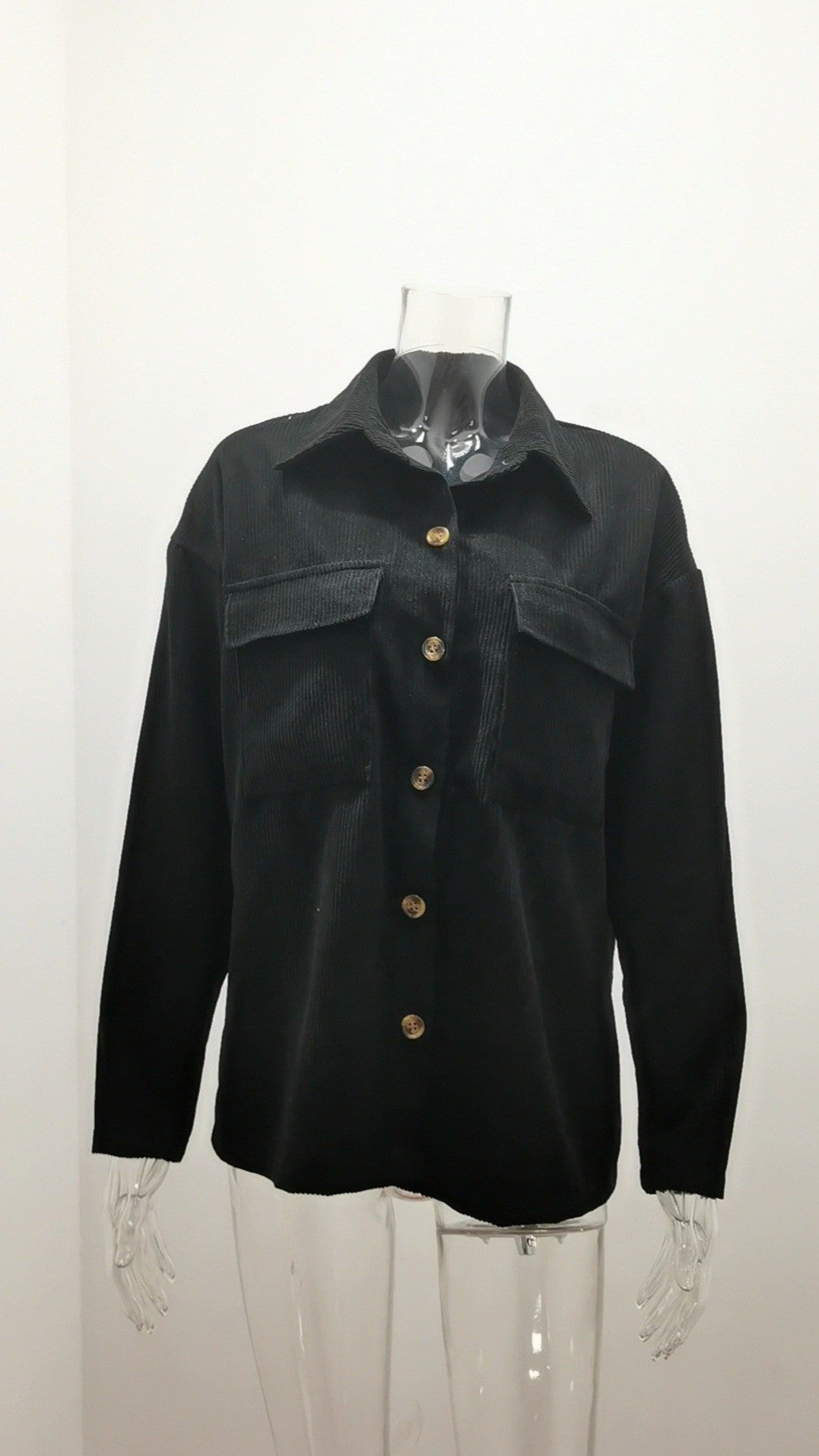 Women's Solid Color Loose Corduroy Lapel Double Pocket Long Coats