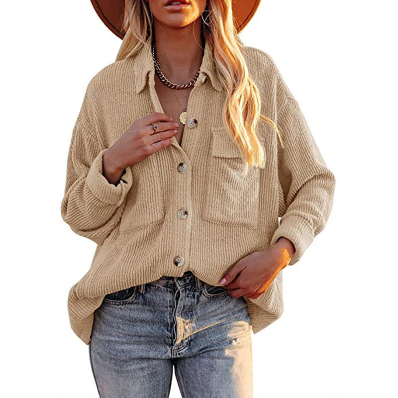 Women's Solid Color Loose Corduroy Lapel Double Pocket Long Coats