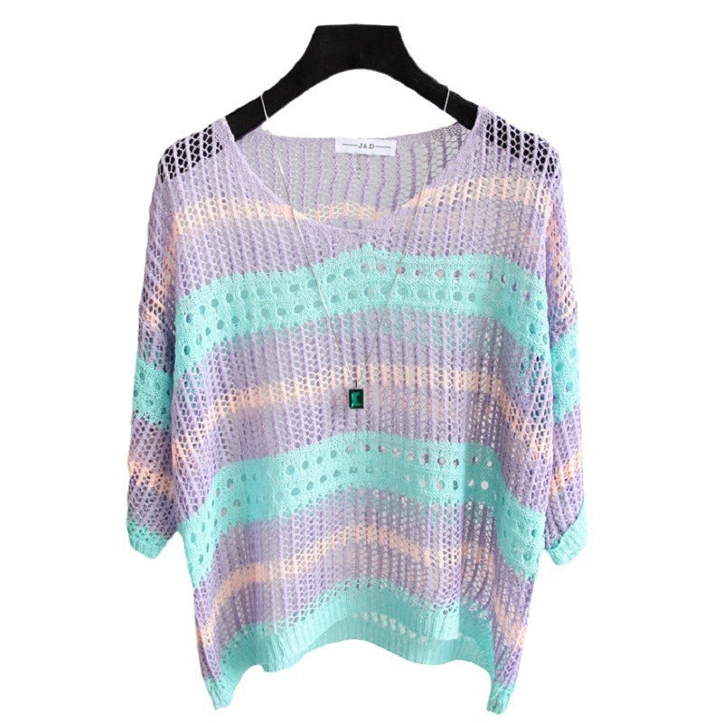 Women's Summer Chic Mesh Small Shirt Thin Loose Large Striped Sleeve Women's T-shirt