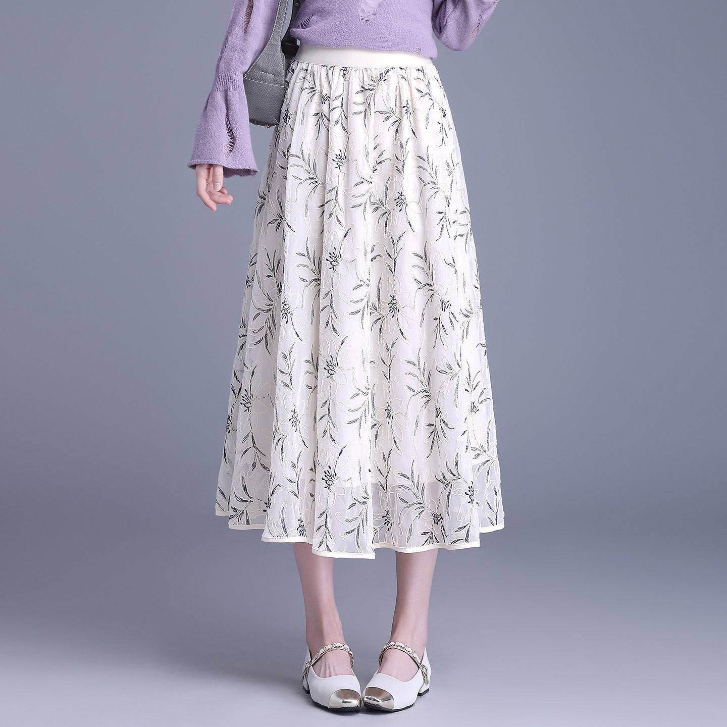 Women's Korean Style Printed Two-sided Wear Mesh Autumn Mid-length High Waist Skirt
