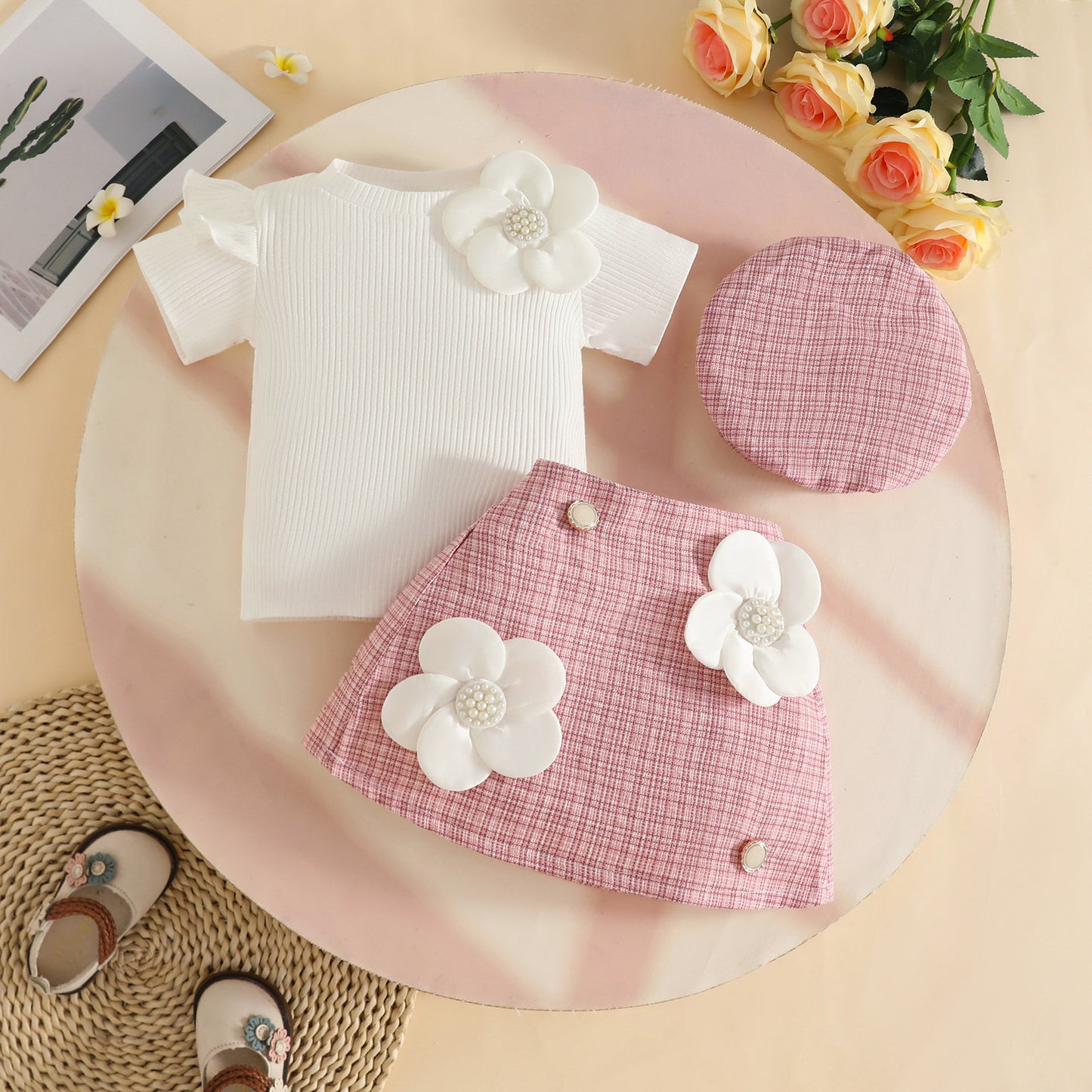 Summer Short Sleeve Skirt Beret Sunken Stripe Short-sleeved Children's Suit