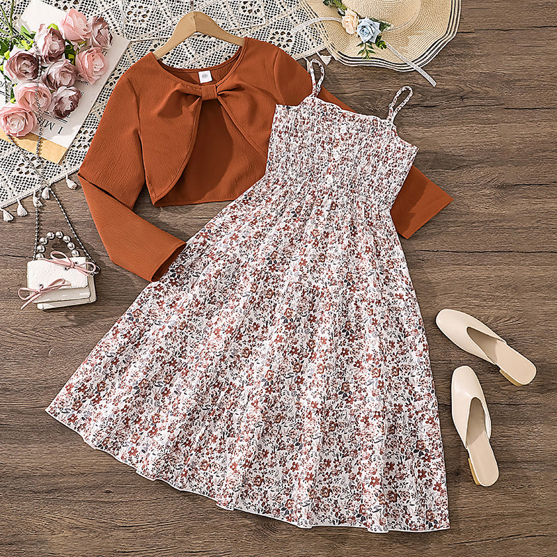 Children's Older Clothing Spring Sweet Floral Suspender Children's Suit
