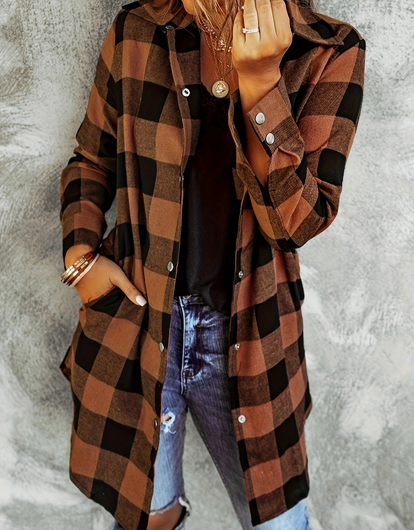 Women's Long Sleeve Plaid Lapel Loose Casual Jackets