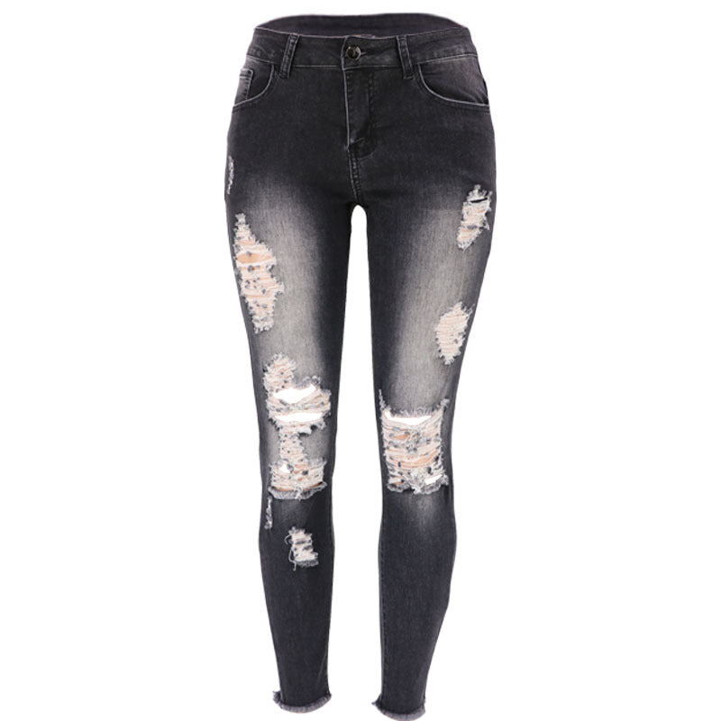 Women's Summer High Elastic Cropped Ripped Skinny Women's Jeans