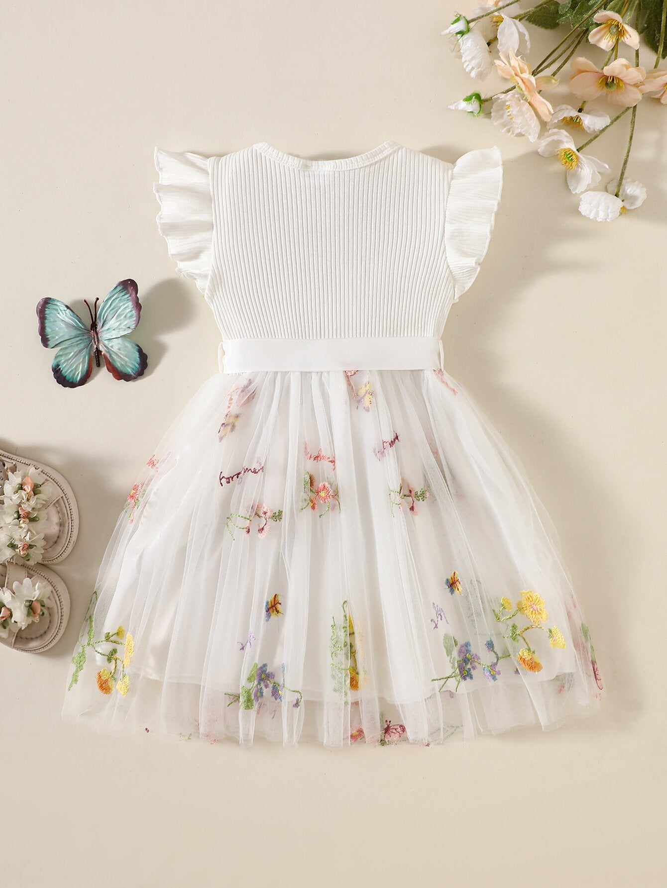 Children's Flounced Sleeve Flower Embroidered Mesh Little Princess Children's Dress