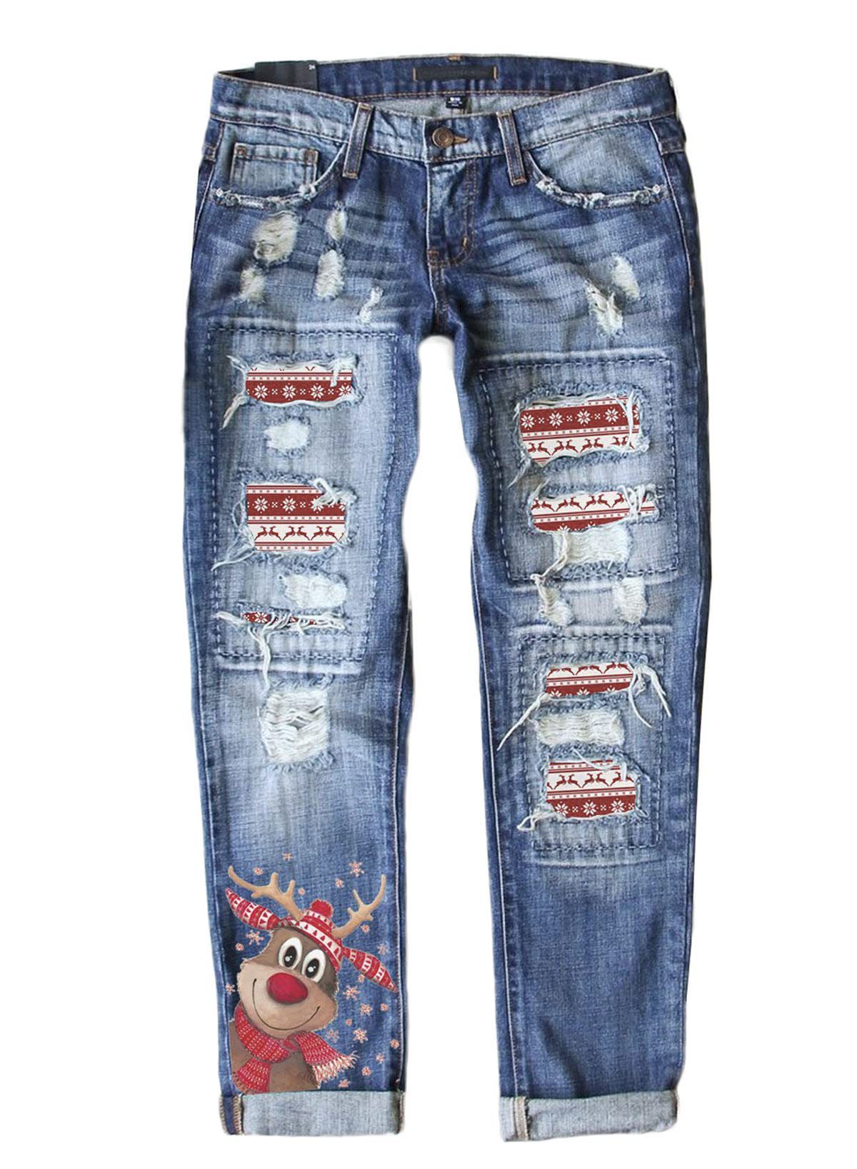 Women's Fashion Holes Printed Patch Straight Jeans