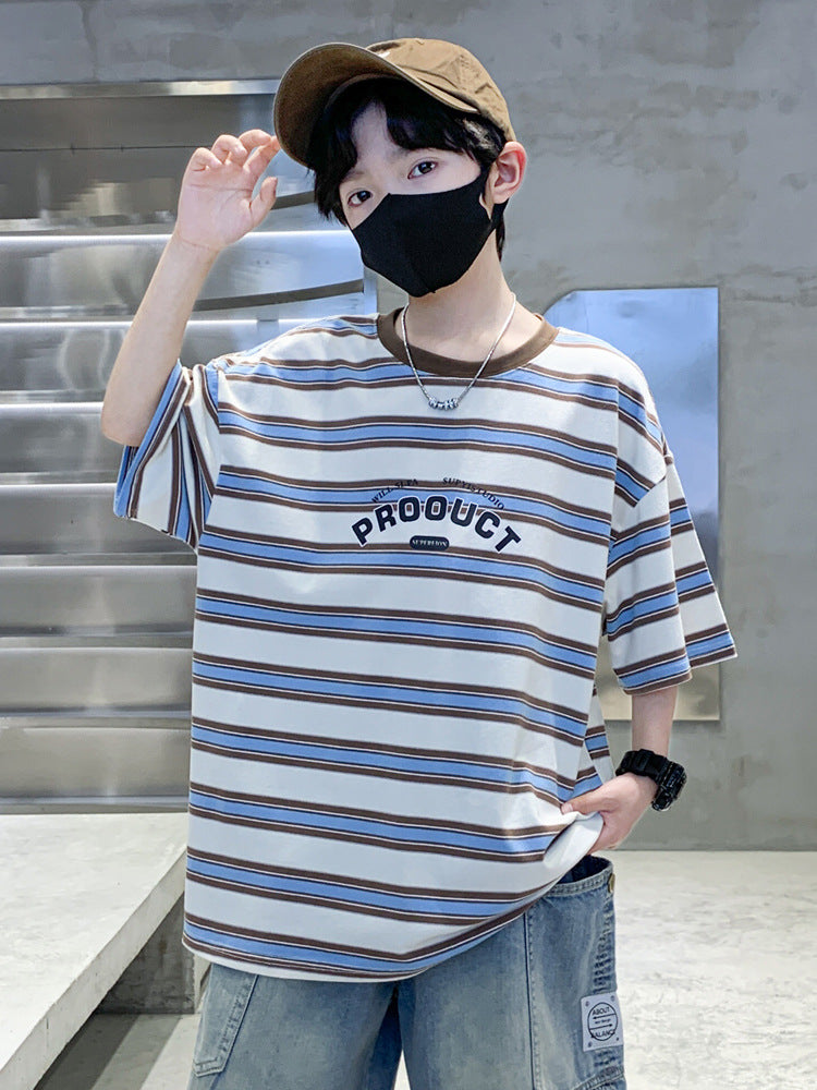 Children's Summer Striped Short-sleeved Shorts Two-piece Medium Big Children's Suit