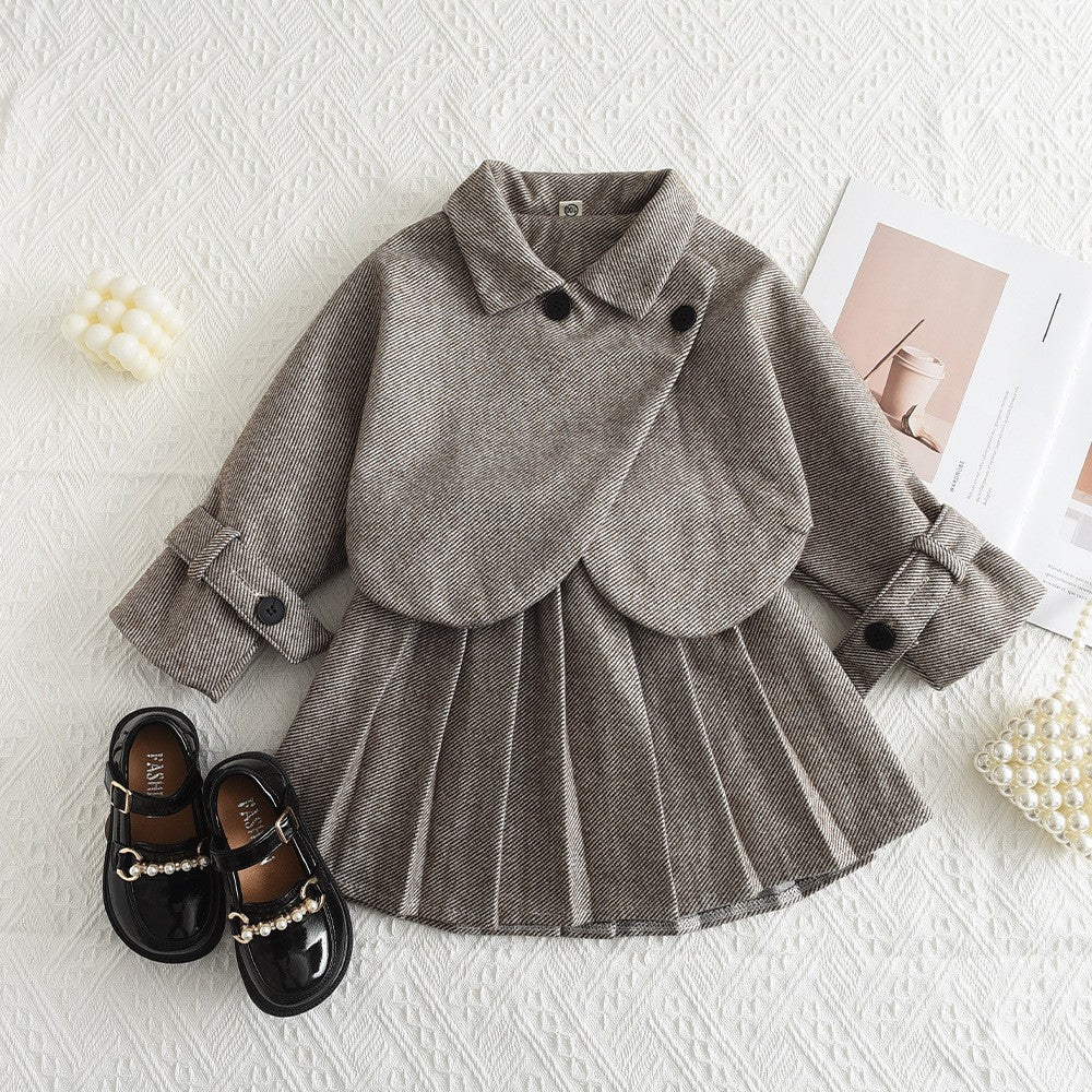 Woolen Coat Pleated Short Skirt Two-piece Little Children's Suit