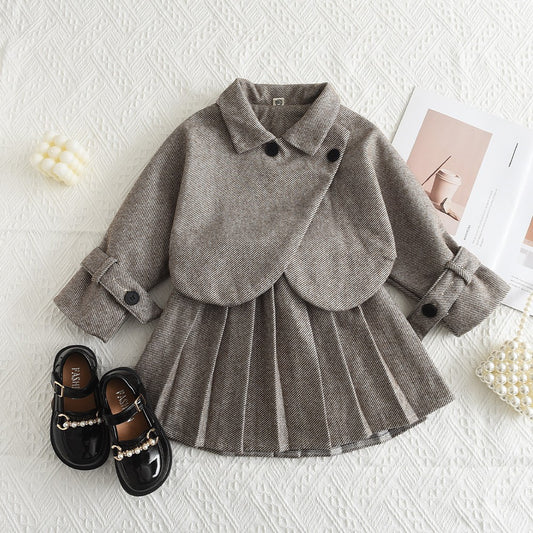 Woolen Coat Pleated Short Skirt Two-piece Little Children's Suit