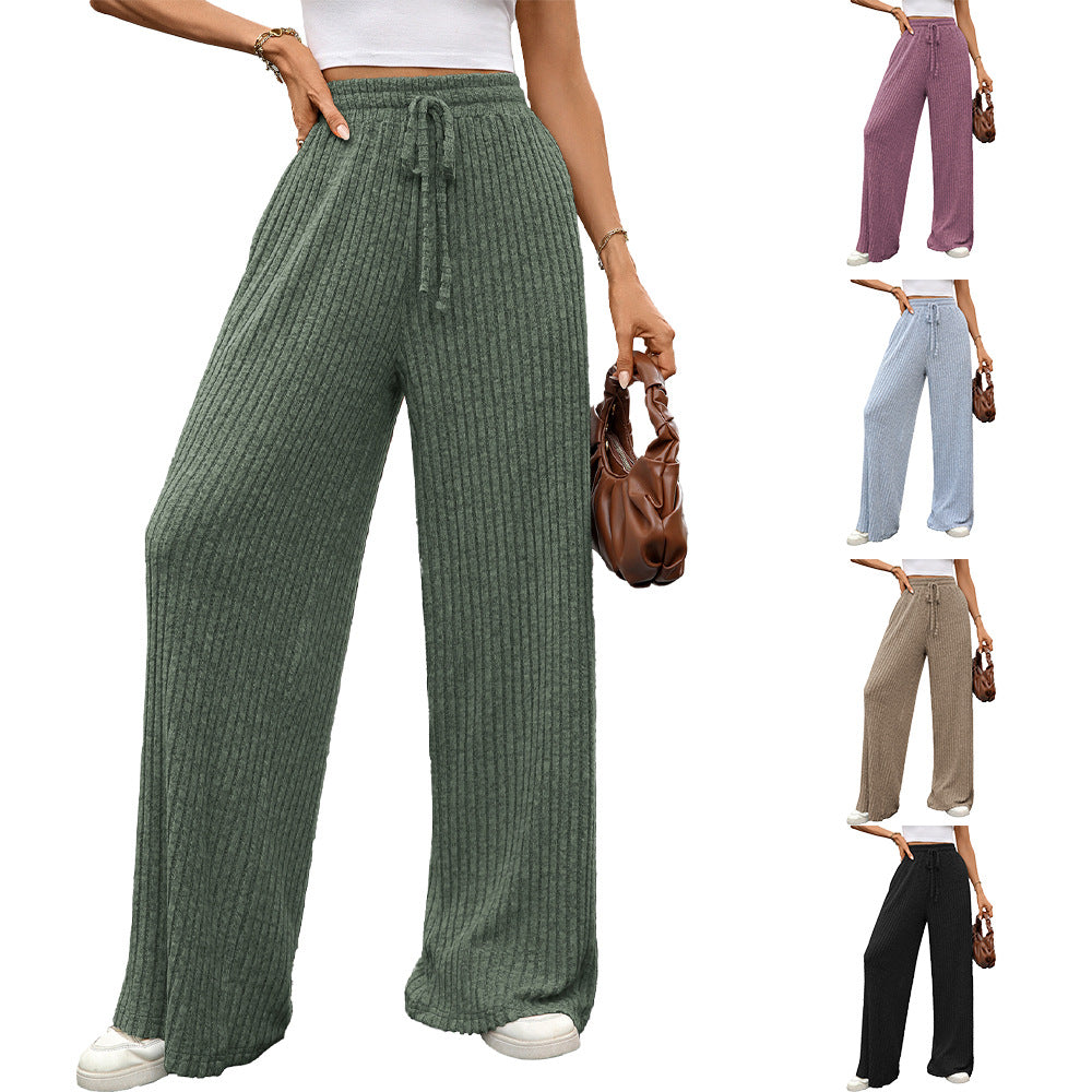 Solid Color Drawstring Sunken Stripe Brushed Elastic Casual Pants