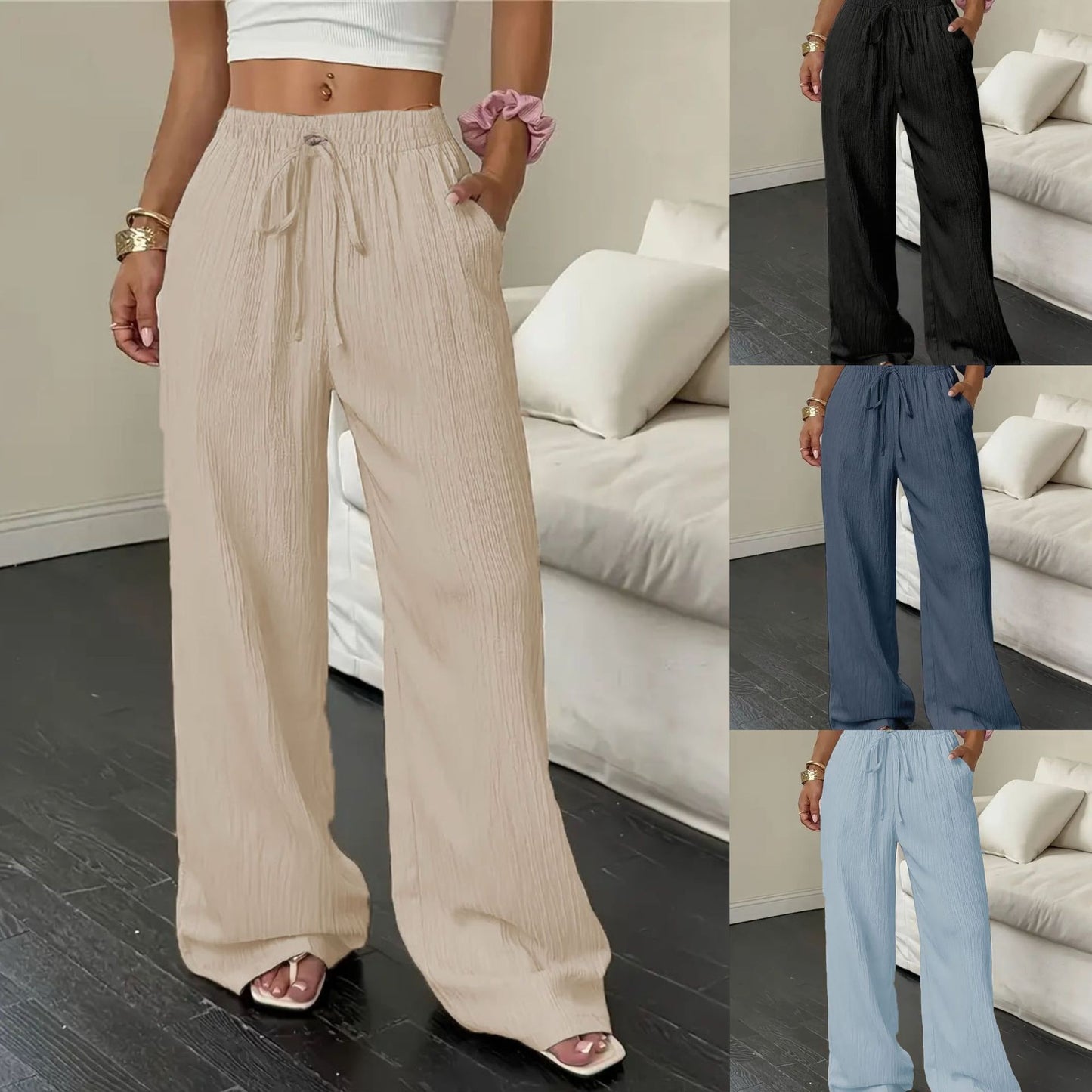 Women's Solid Color Textured Fabric Trousers Pants