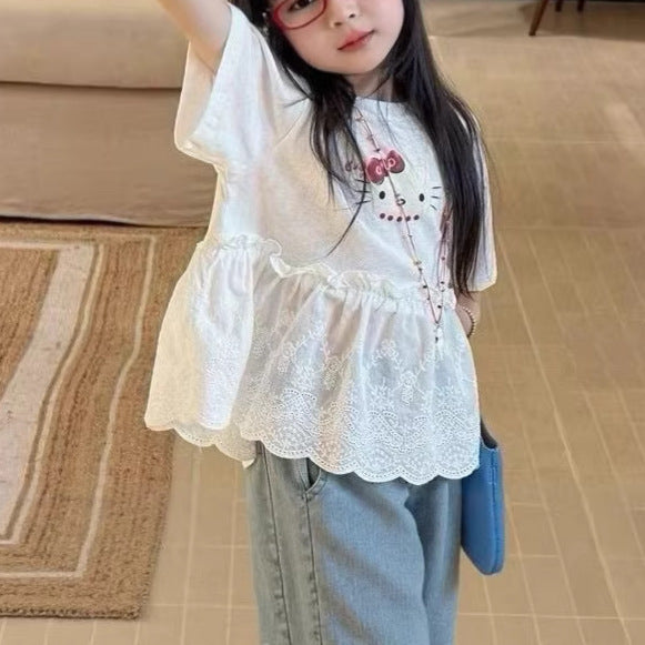 Children's Korean Set Summer Western Style Ruffled Short Sleeves Jeans Two-piece Children's Suit