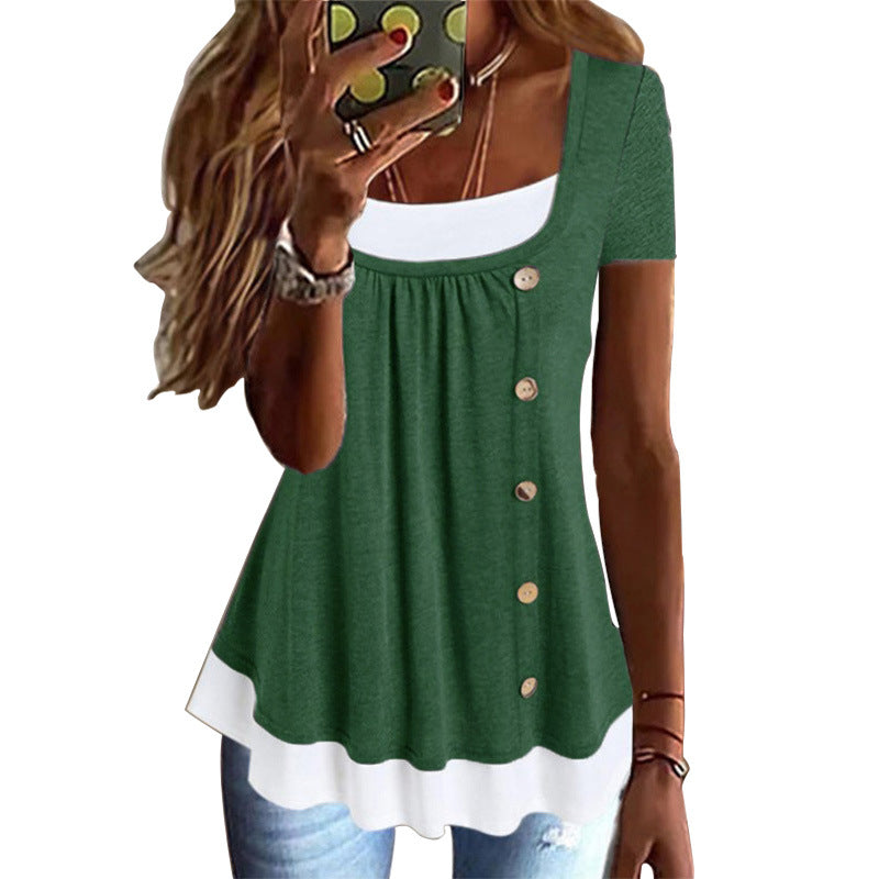 Women's Summer Round Neck Loose Pleated Button Two-piece Women's T-shirt
