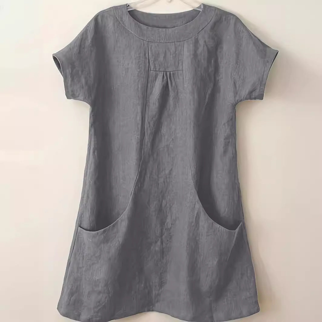 Women's Cotton Round Neck Pocket Shirt Blouse