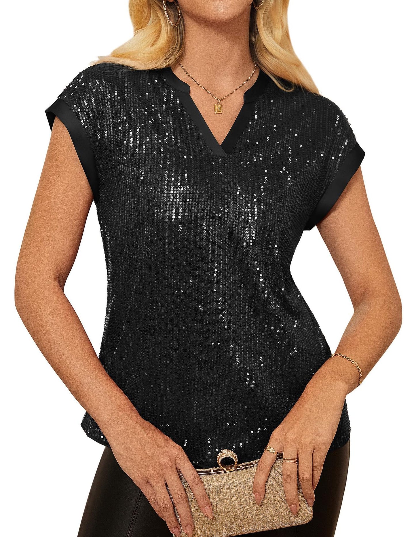 Unique Women's Fashionable Sequins Sleeve Party Lace Shirt, Chiffon Shirt