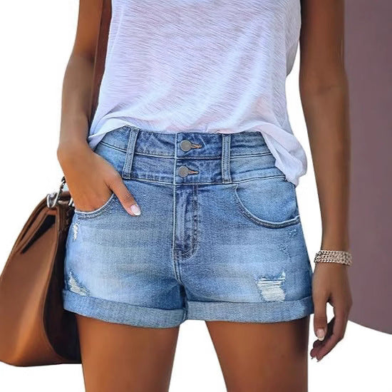 Women's Water Washed Hole Bleached High Waist Slim Tops