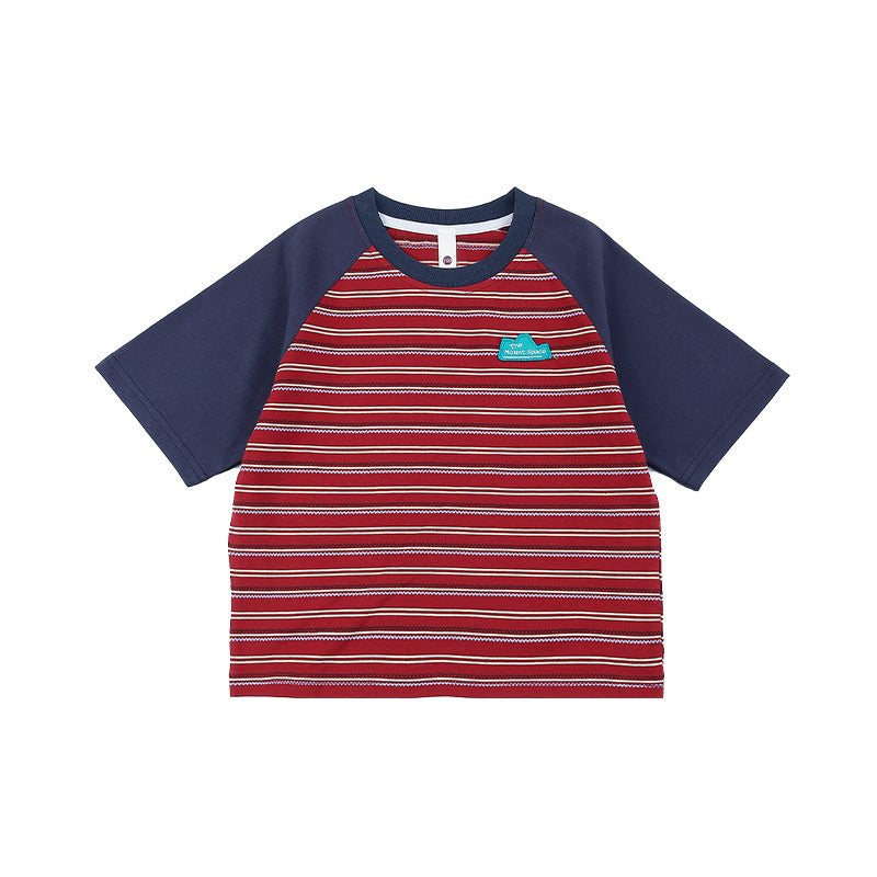 Children's Striped Short-sleeved Summer Boys Contrast Color Raglan Sleeve Cotton Children's T-shirt