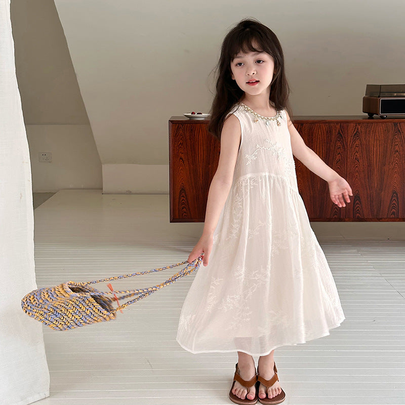 Children's Western Style Vacation White Summer Mid-length Children's Dress