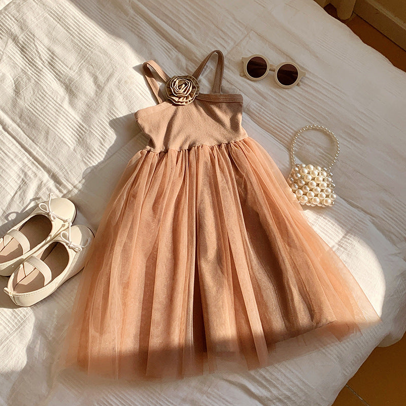 French Rose Strap Sweet Western Style Mesh Children's Dress