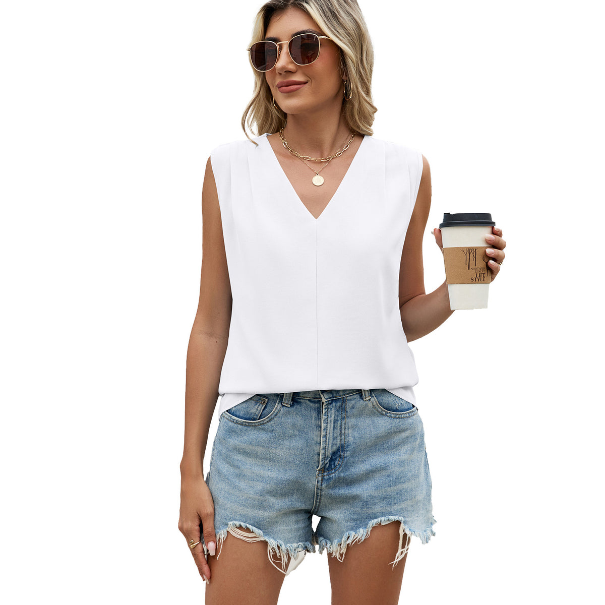 Summer Solid Color Loose Pleated Sleeveless Lace Shirt, Chiffon Shirt