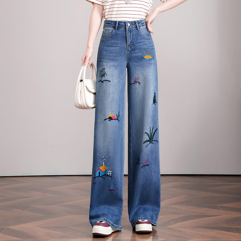 Spring Style Vintage Floral Embroidered Street Loose Wide Leg Casual Pants
