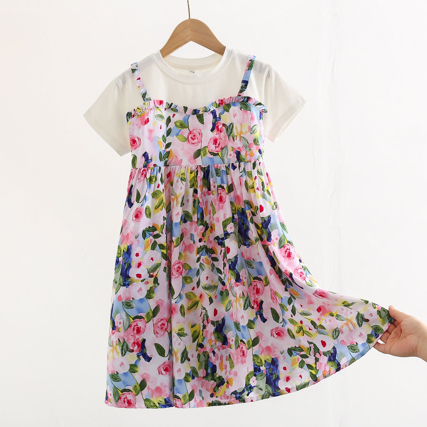 Children's Large Cotton Silk Short Sleeve Fake Two Pieces Artificial Summer Children's Dress