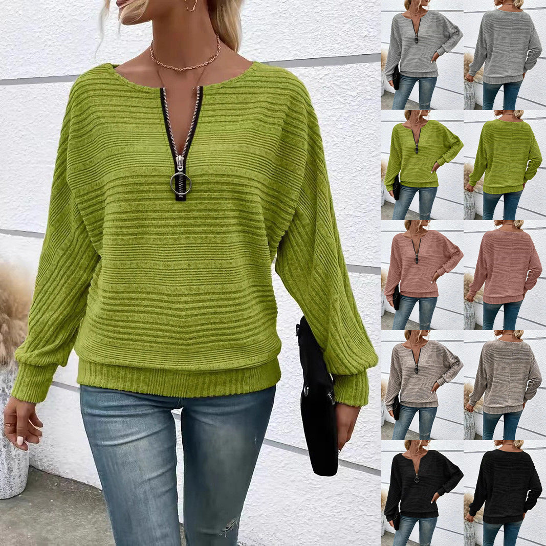 Women's Casual Solid Color Long Sleeve Zipper Women's T-shirt