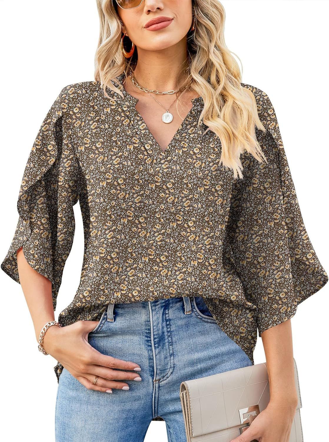 Glamorous Women's Printed Loose Petal Sleeve Lace Shirt, Chiffon Shirt