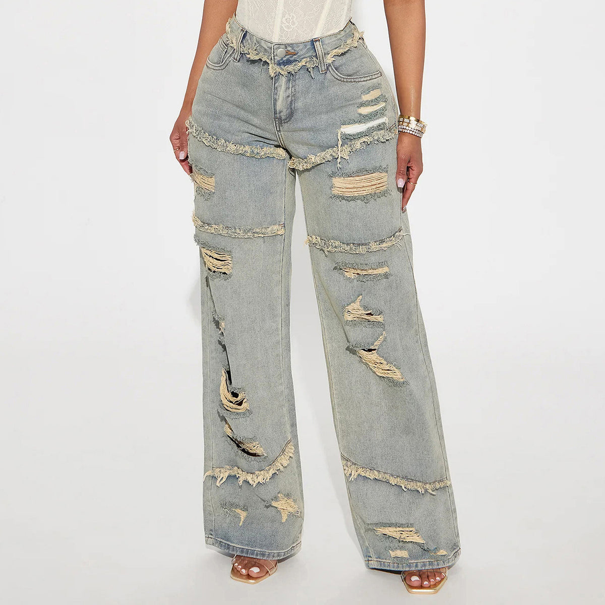 Women's Ripped Denim Trousers Loose Wide Leg Heavy High Street Ruffle Women's Jeans