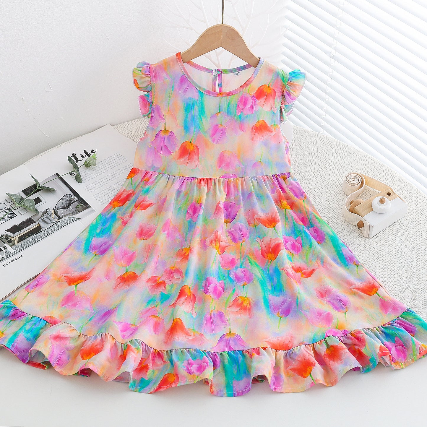 Fresh Flounced Sleeve Floral Cotton Summer Thin Cool Children's Dress